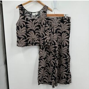 Rachel Zoe Linen M 2 Pc Set Wide Leg Elastic Band Cropped Tank Black Palm Leaf